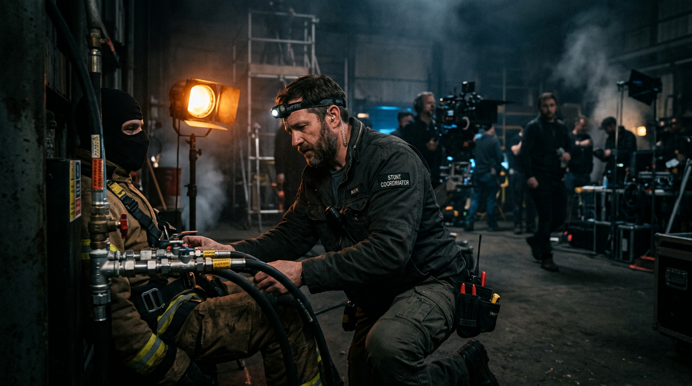 Behind-the-scenes fire stunt preparation